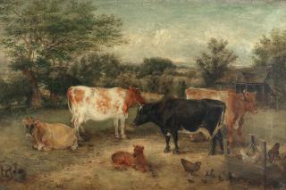 Edwin Frederick Holt - Cows in a farmyard with chickens and chicks