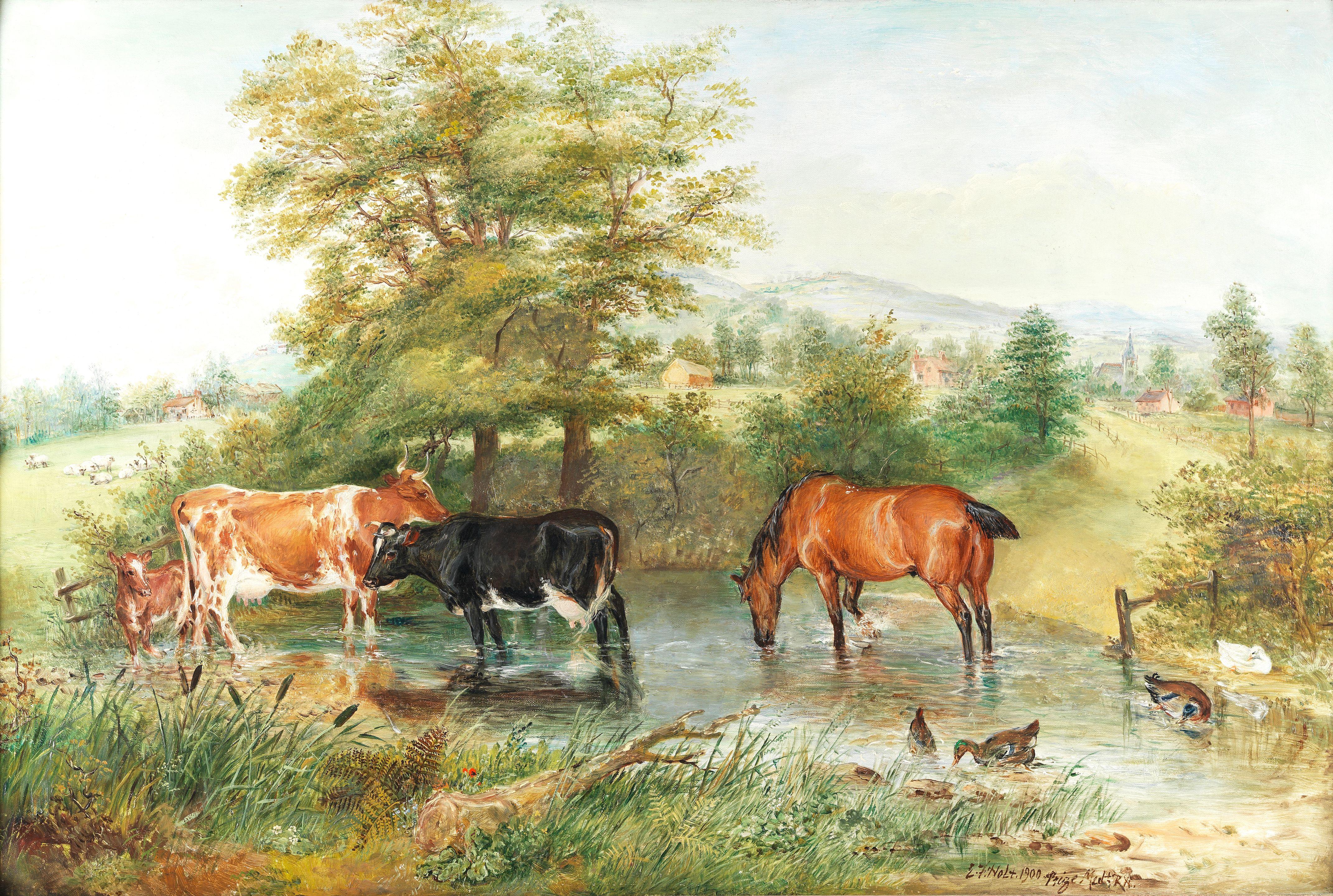 Edwin Frederick Holt - Watering horses and cattle at a pond, Guy wood Farm, Romiley, Cheshire