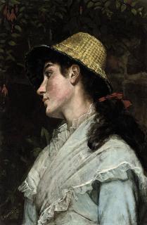 Edwin Harris, R.B.S.A. - Portrait of a girl, bust-length, in a pale blue dress with a chiffon shawl, wearing a straw hat