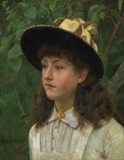Edwin Harris, RBSA - Portrait of a girl in a bonnet