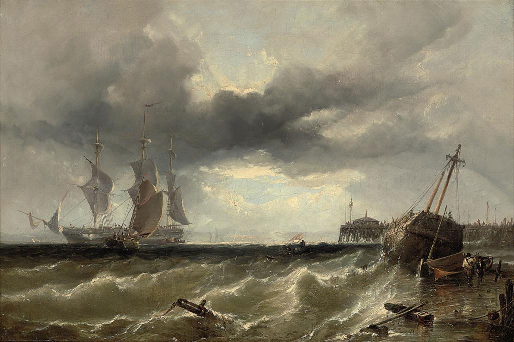 Edwin Hayes, R.H.A., R.I. - A beached wreck and other shipping off Ryde Pier