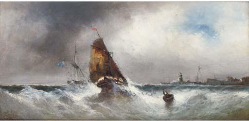 Edwin Hayes, R.H.A., R.I. - Shipping In Squally Conditions Off A Harbour Mouth; And Running Home In A Gale