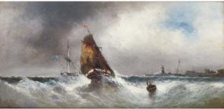 Edwin Hayes, R.H.A., R.I. - Shipping In Squally Conditions Off A Harbour Mouth; And Running Home In A Gale