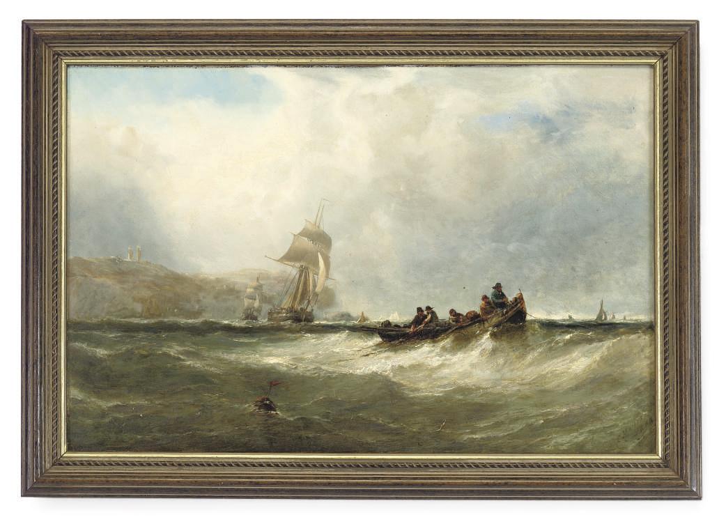 Edwin Hayes, R.H.A. - Fishermen hauling in their nets, with merchant shipping coming out of a port beyond
