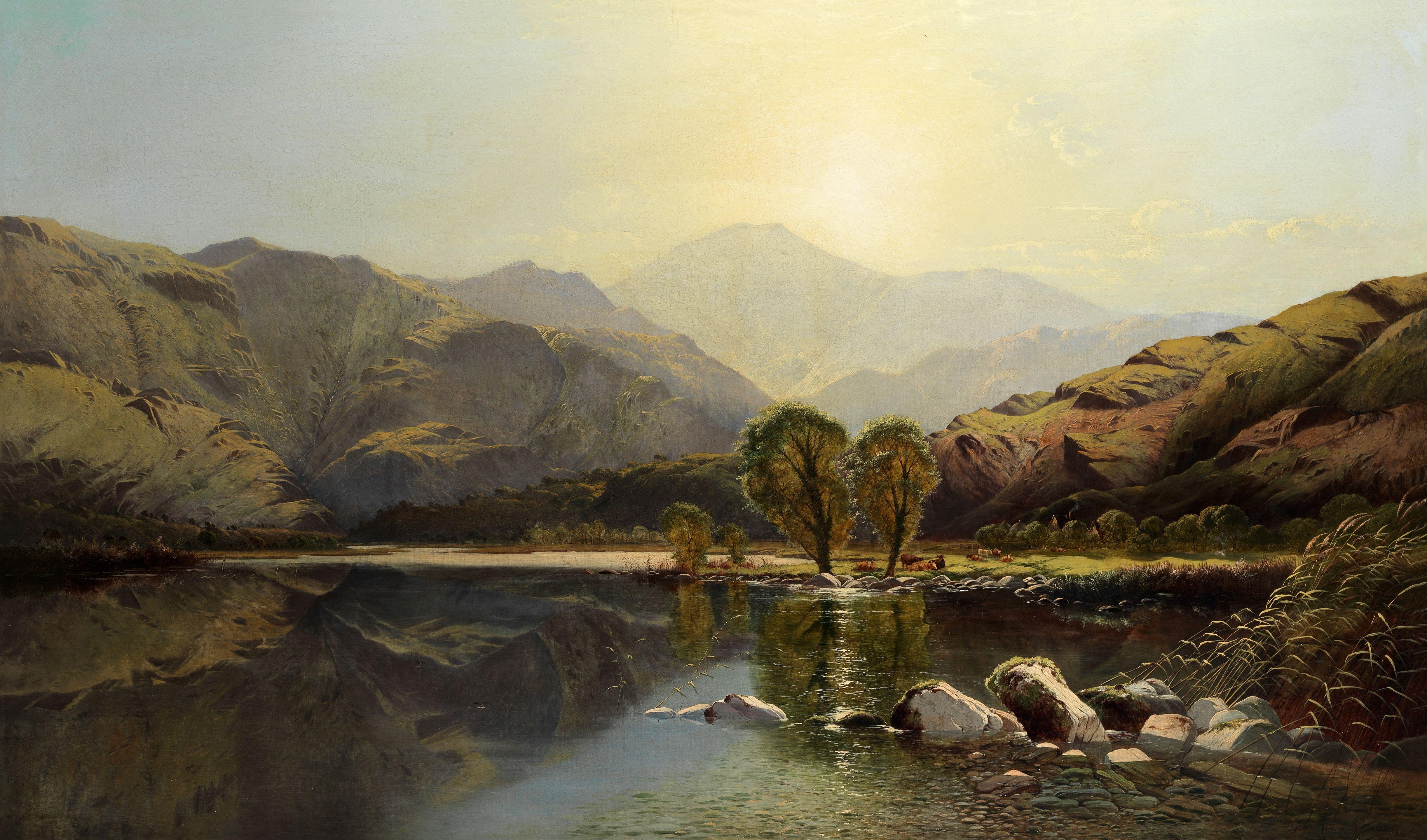 Edwin Henry Boddington - Mountains at midday, with cattle resting by a river
