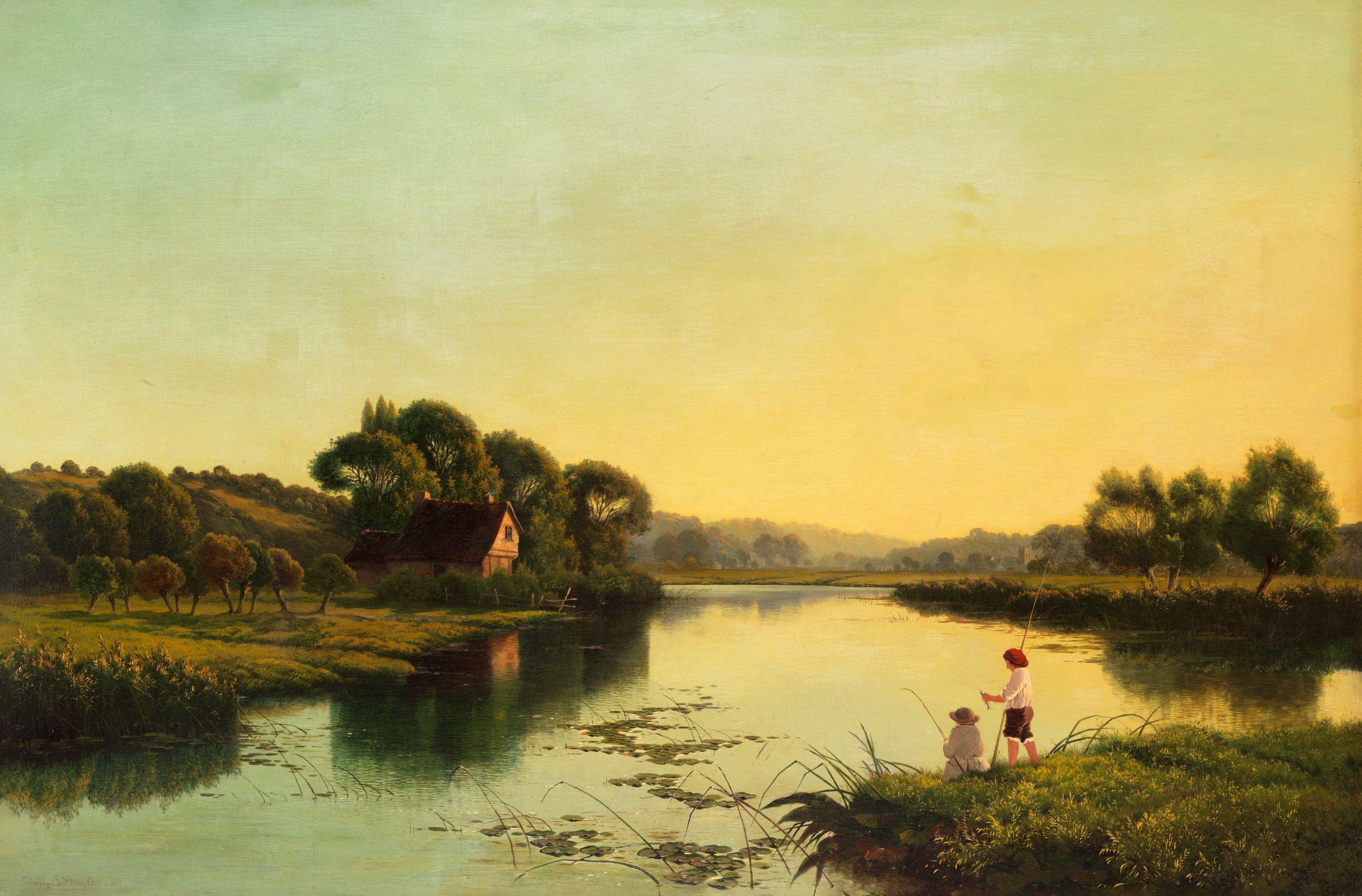 Edwin Henry Boddington - Two boys fishing in a river landscape at sunset