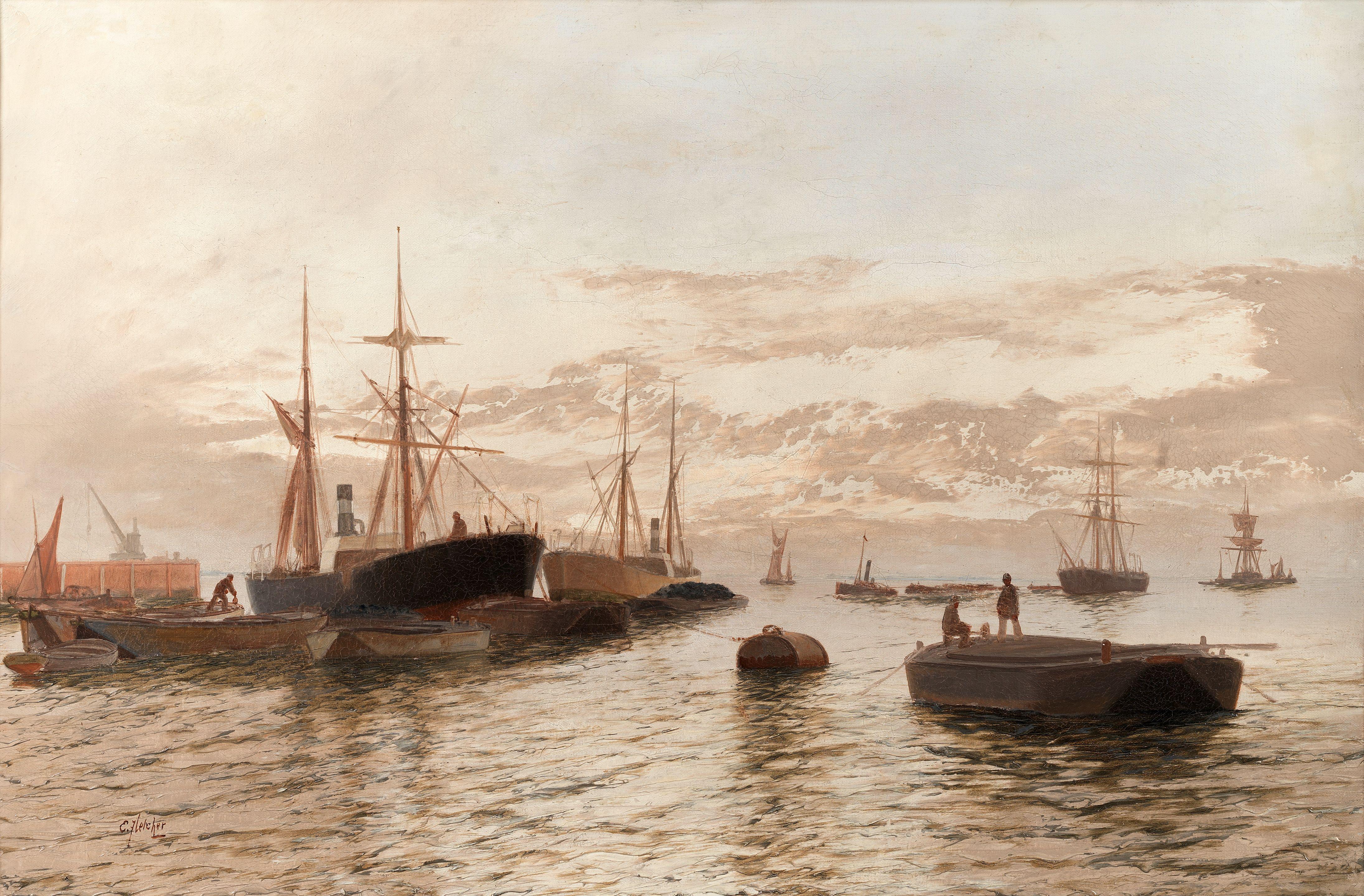 Edwin Henry Eugene Fletcher - Mixed shipping in a calm harbour, a pair (2)