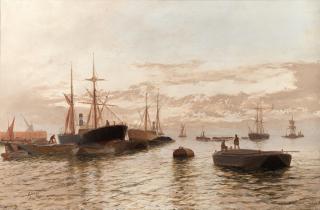 Edwin Henry Eugene Fletcher - Mixed shipping in a calm harbour, a pair (2)