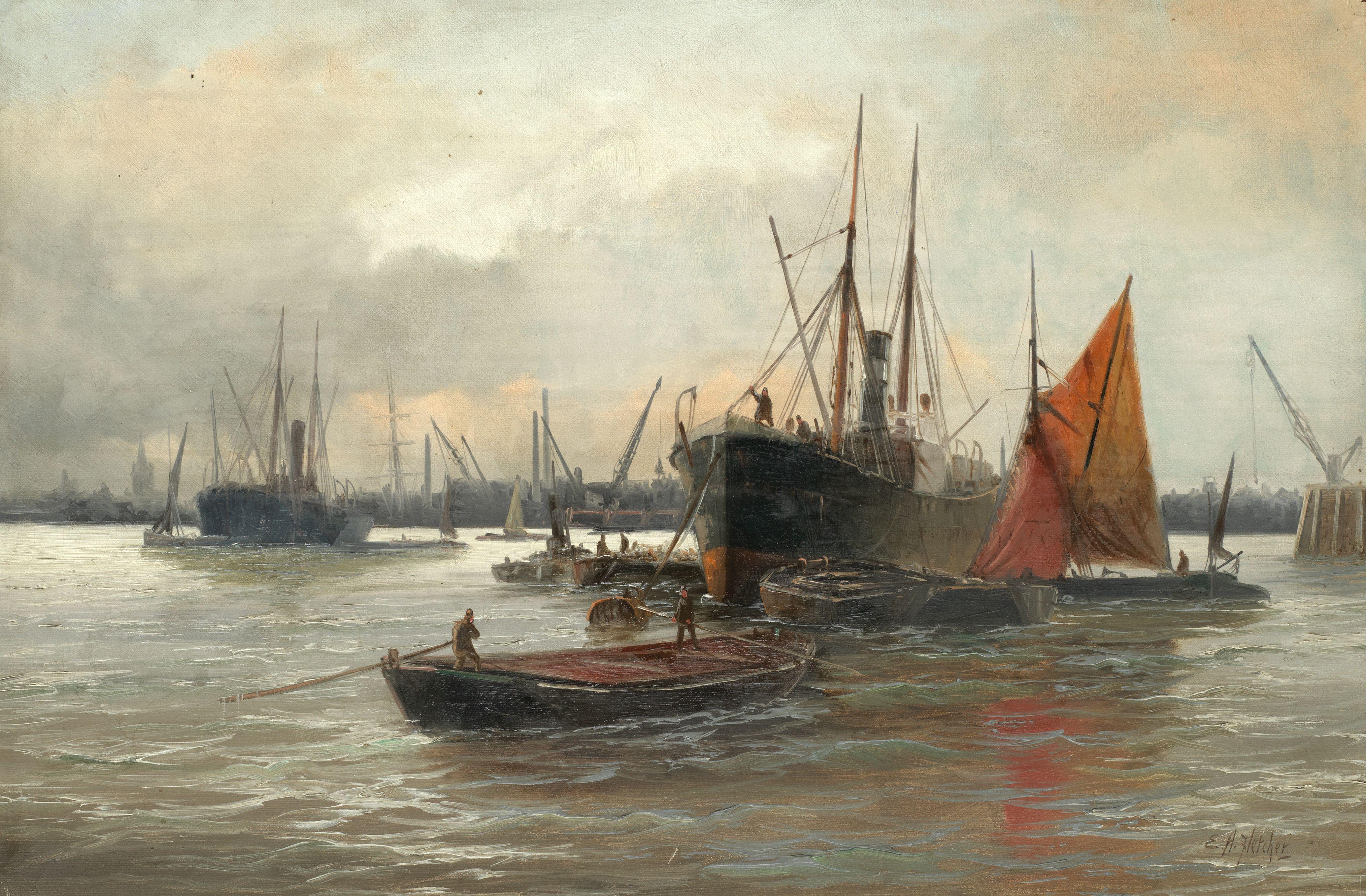 Edwin Henry Eugene Fletcher - \'On the Thames at Blackwall\'; \'Leaving Port\', a pair