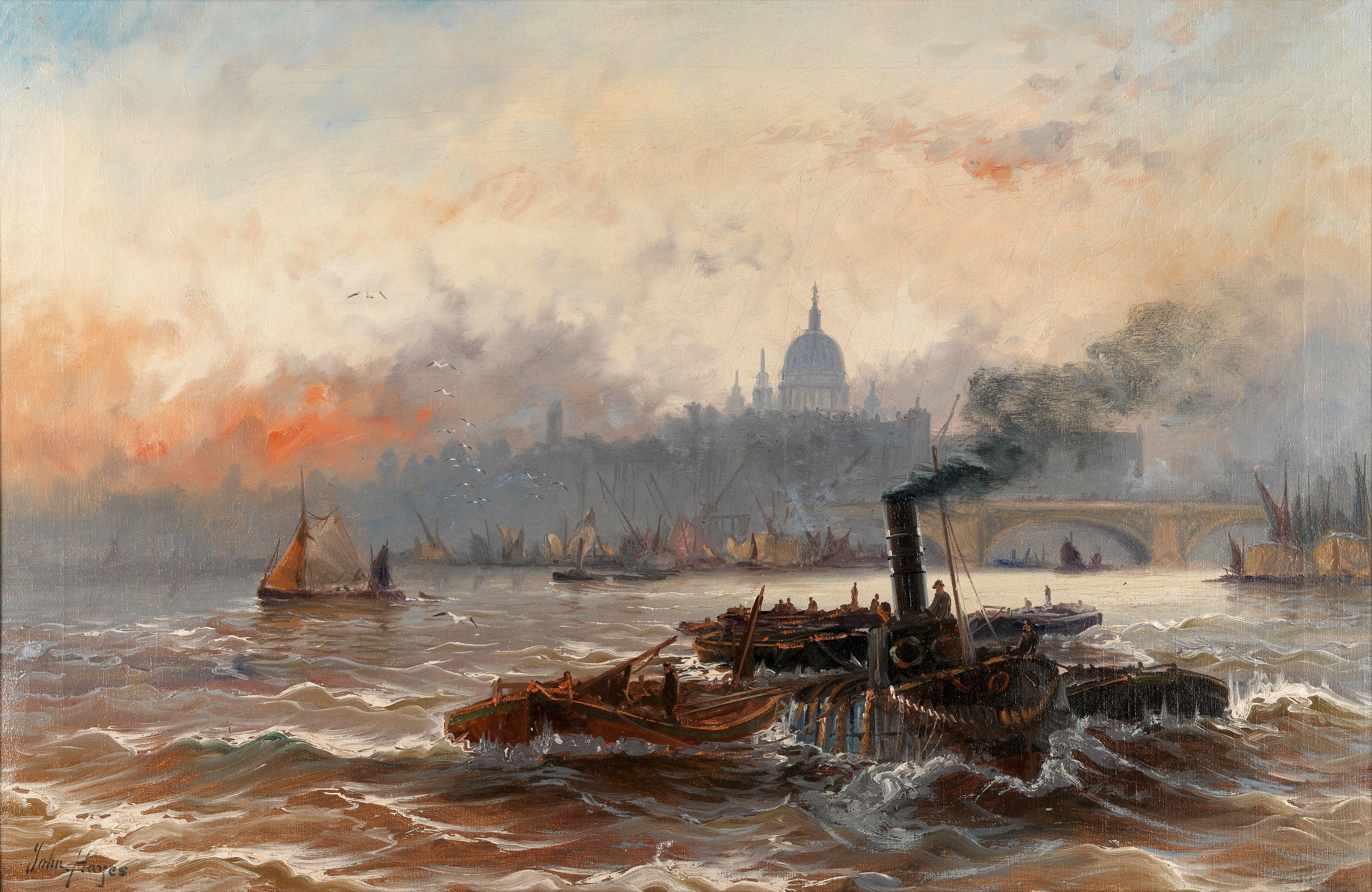 Edwin Henry Eugene Fletcher - Shipping on the Thames, St Paul\'s Cathedral in the distance