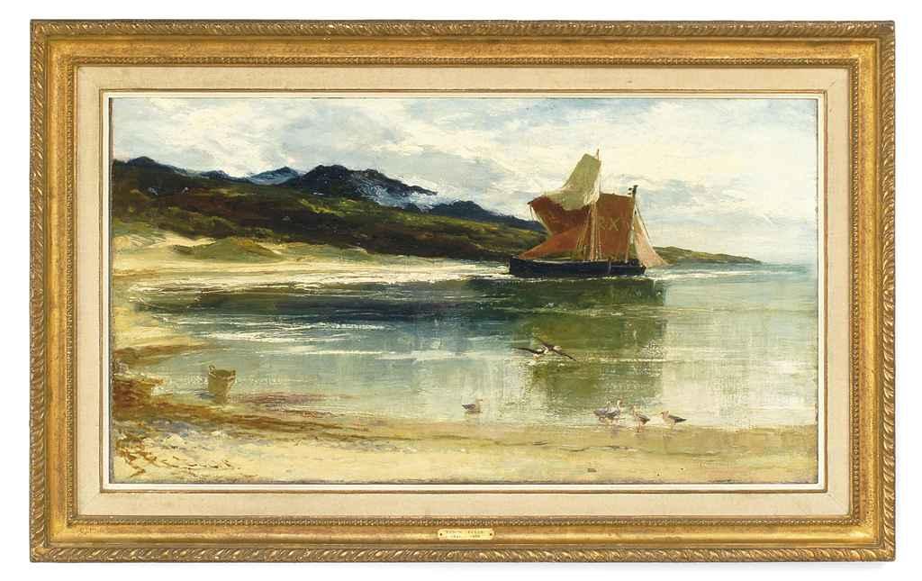 Edwin John Ellis - A boat moored in a cove, seagulls in the foreground