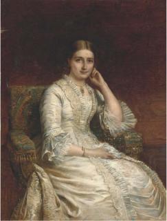 Edwin Long, R.A. - Portrait Of A Lady, Seated Three-Quarter-Length, In A White Dress, In A Panelled Interior