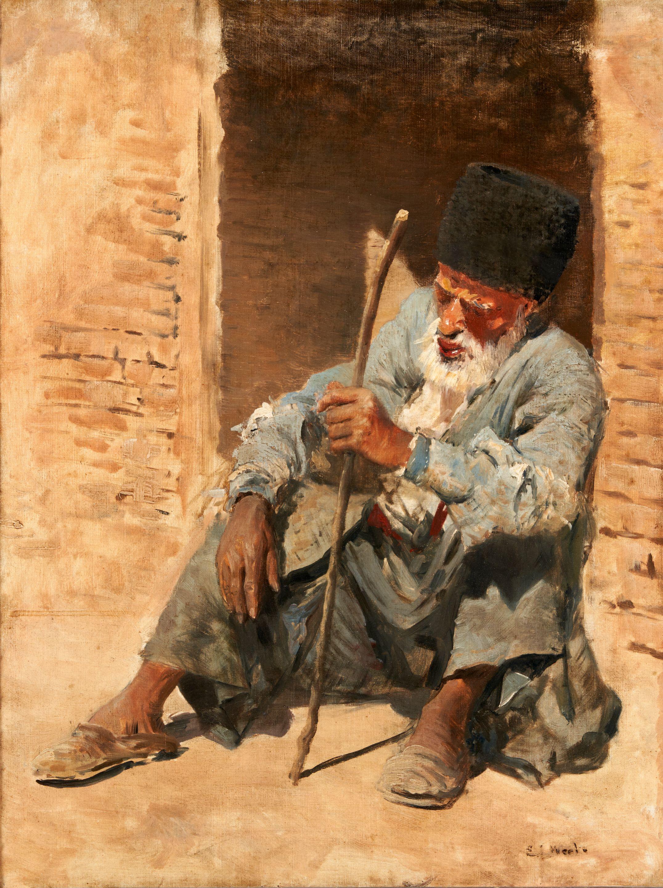 Edwin Lord Weeks - Old Man Resting in Doorway - Ispahan, Persia framed 86.0 x 71.5 x 8.0 cm (88 7/8 x 28 1/8 x 3 1/8 in).