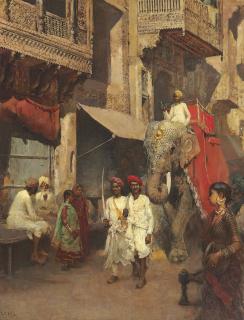 Edwin Lord Weeks - Promenade on a Street in Ahmedabad with the Rajah’s Elephant led by Two Retainers