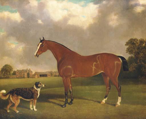 Edwin M. Fox - A Bay Horse And A Dog In A Landscape, A Farmyard Beyond