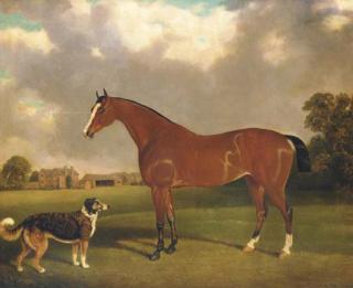Edwin M. Fox - A Bay Horse And A Dog In A Landscape, A Farmyard Beyond