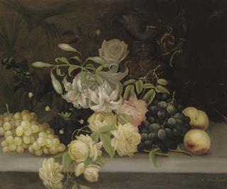 Edwin Steele - A gourd, white and black grapes, apples and a pear with a vase and a jug on a marble ledge; and Lillies and roses, hollyhocks, grapes and peaches, and a ewer, on a stone ledge