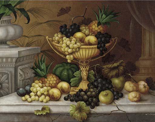 Edwin Steele - Still Life of grapes, peaches and a pineapple in an ewer on a ledge surounded by other fruit