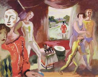 Edy-Legrand - Circus Figures And A Dog In An Interior