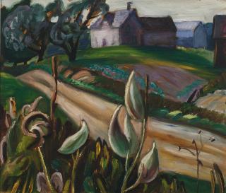 Efa Prudence Heward - Country Road With Farm Buildings And Milkweed