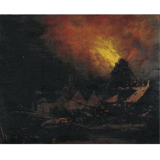 Egbert Lievensz. van der Poel - A Burning Mill At Night With Villagers Scrambling To Extinguish The Fire