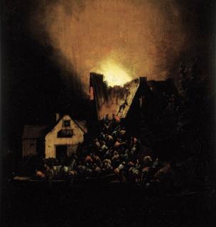 Egbert Lievensz. Van Der Poel - A house on fire at night with peasants coming to rescue