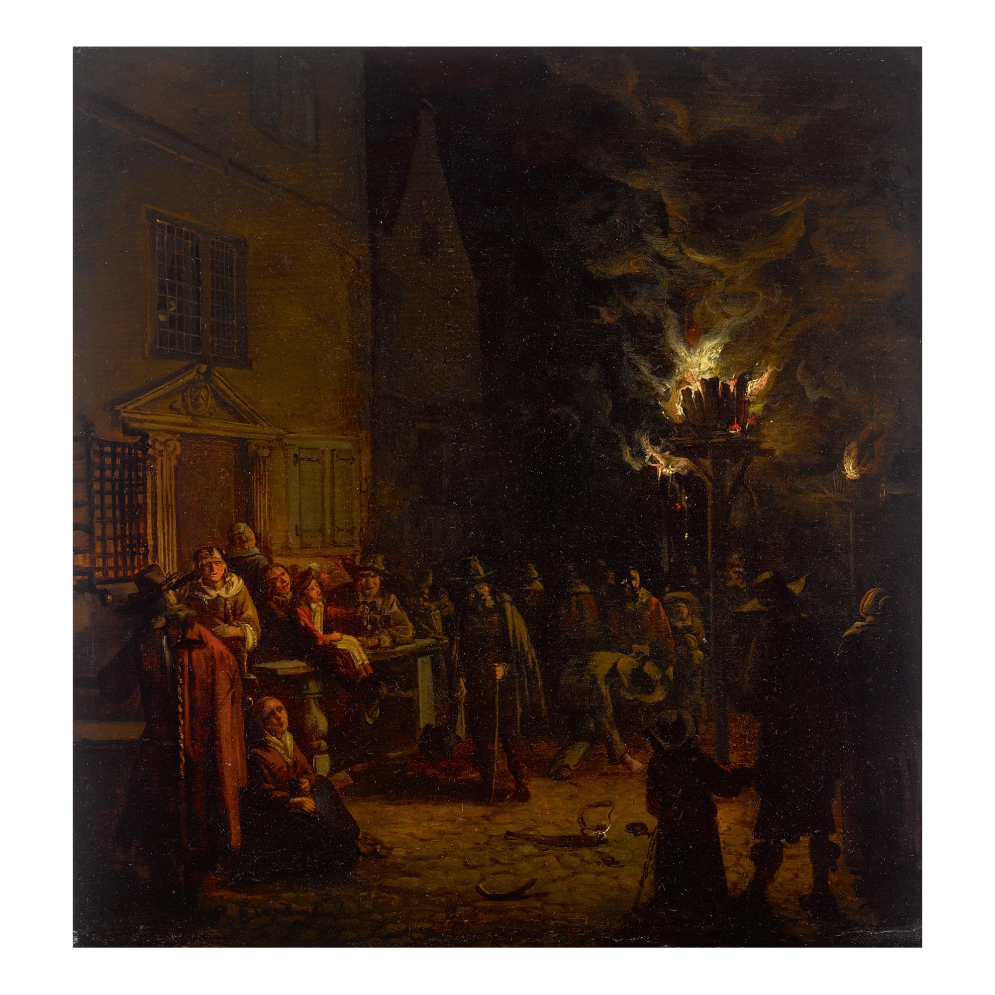 Egbert Lievensz. Van Der Poel - A Nocturnal Village Scene On The Oude Delft, With Numerous Figures Gathered Around A Burning Tar-Barrel
