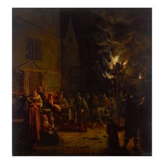 Egbert Lievensz. Van Der Poel - A Nocturnal Village Scene On The Oude Delft, With Numerous Figures Gathered Around A Burning Tar-Barrel