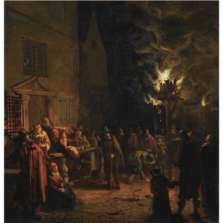 Egbert Lievensz. van der Poel - A Nocturnal Village Scene On The Oude Delft, With Numerous Figures Gathered Around A Burning Tar-Barrel