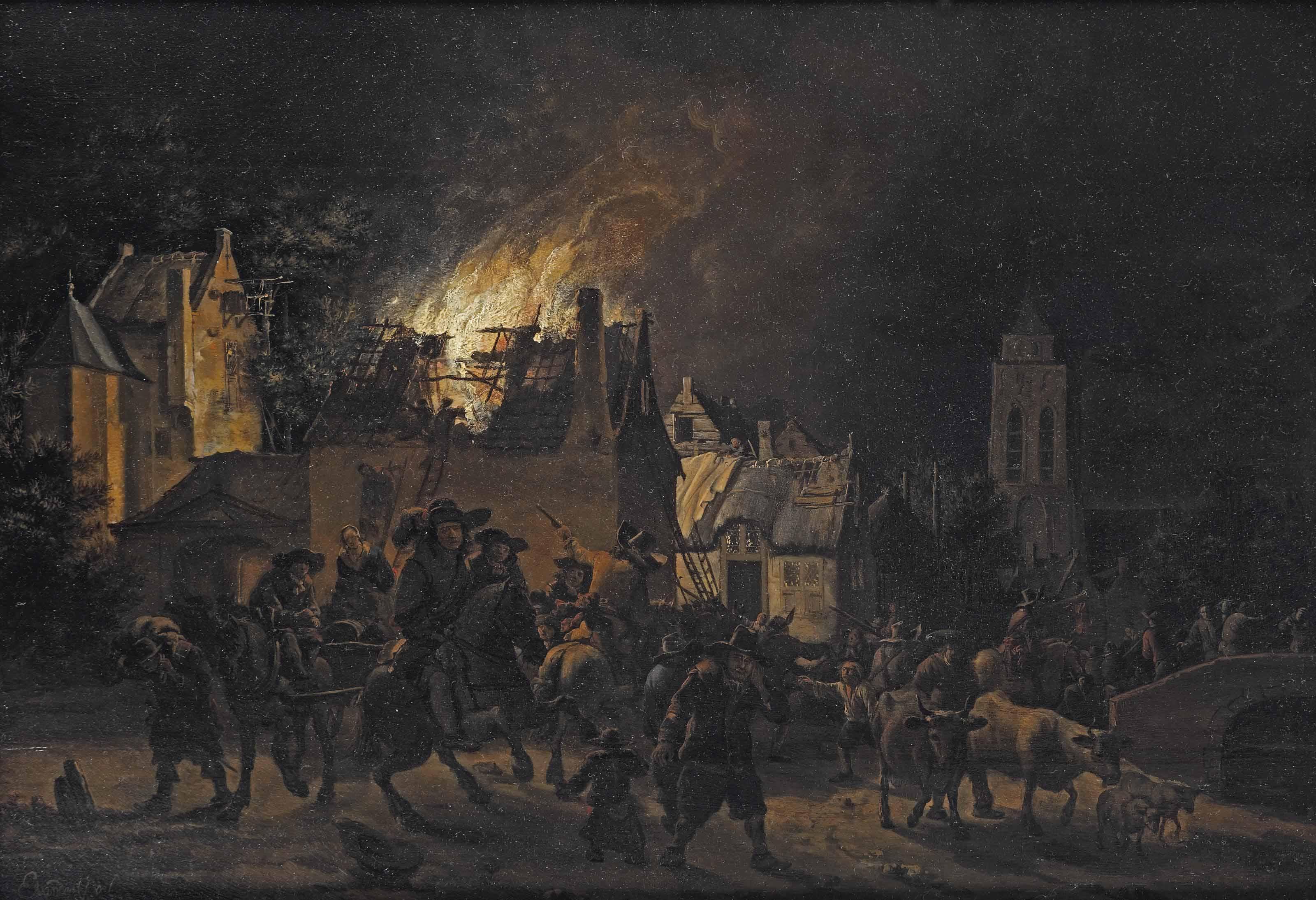 Egbert Lievensz. Van Der Poel - A Village By Night With A House Burning In A Town