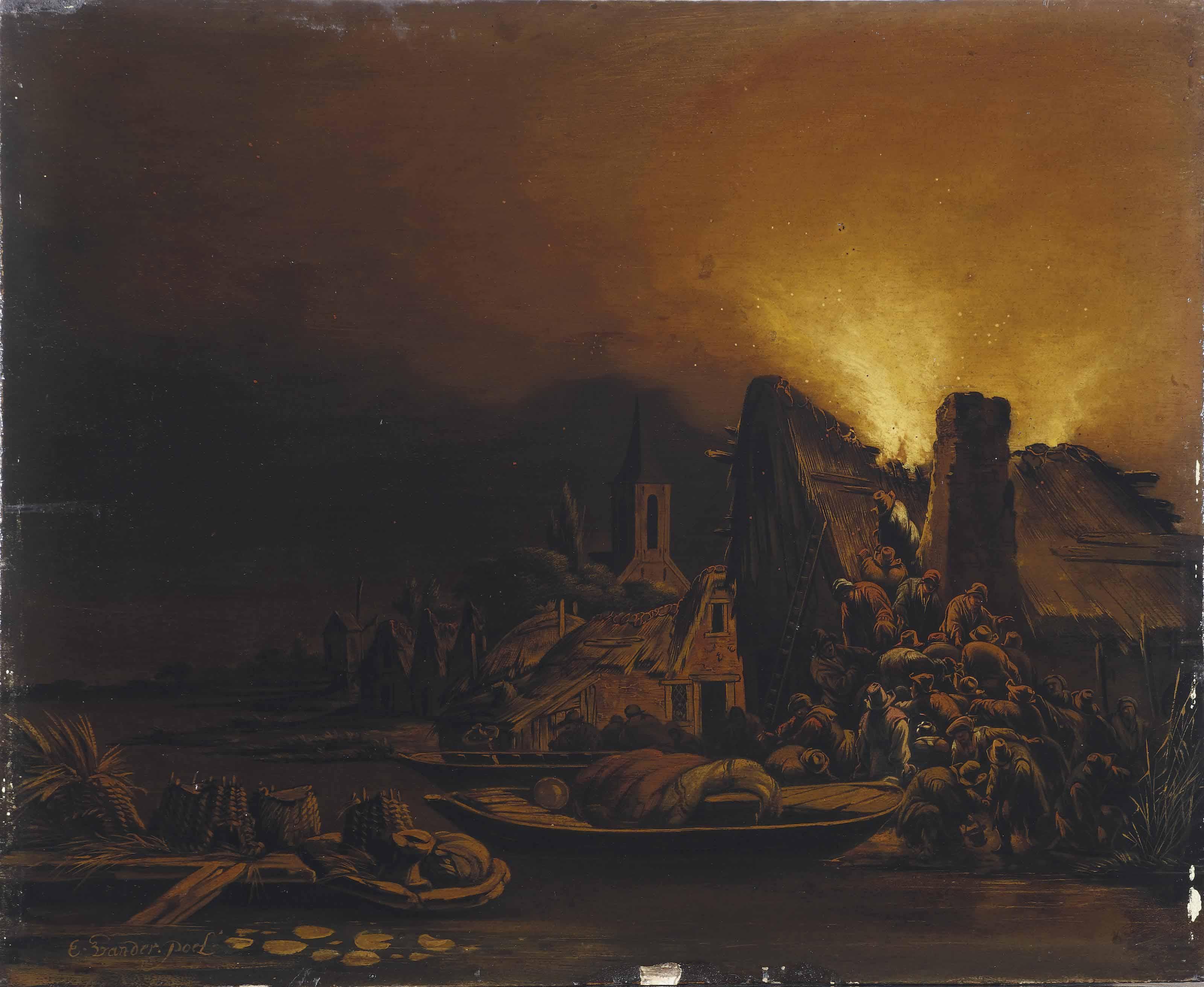 Egbert Lievensz. Van Der Poel - A village on a river bank at night with villagers putting out a fire