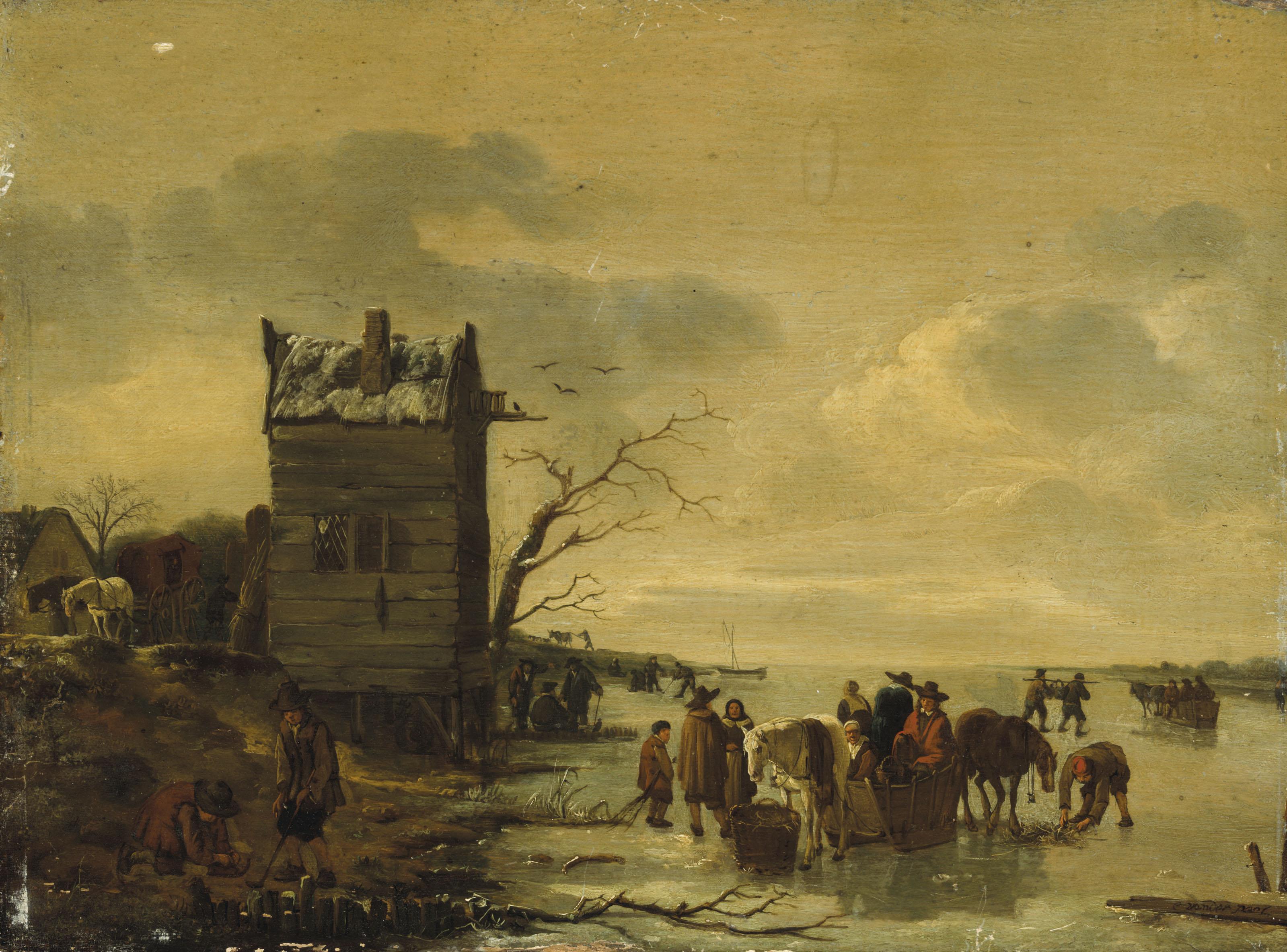 Egbert Lievensz. Van Der Poel - A winter landscape with townsfolk on the ice