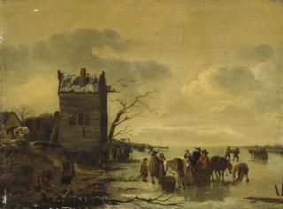 Egbert Lievensz. Van Der Poel - A winter landscape with townsfolk on the ice