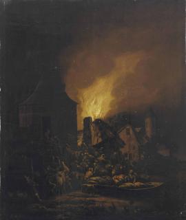 Egbert Lievensz. Van Der Poel - Fire in a village at night with numerous figures near a bell tower on the river bank