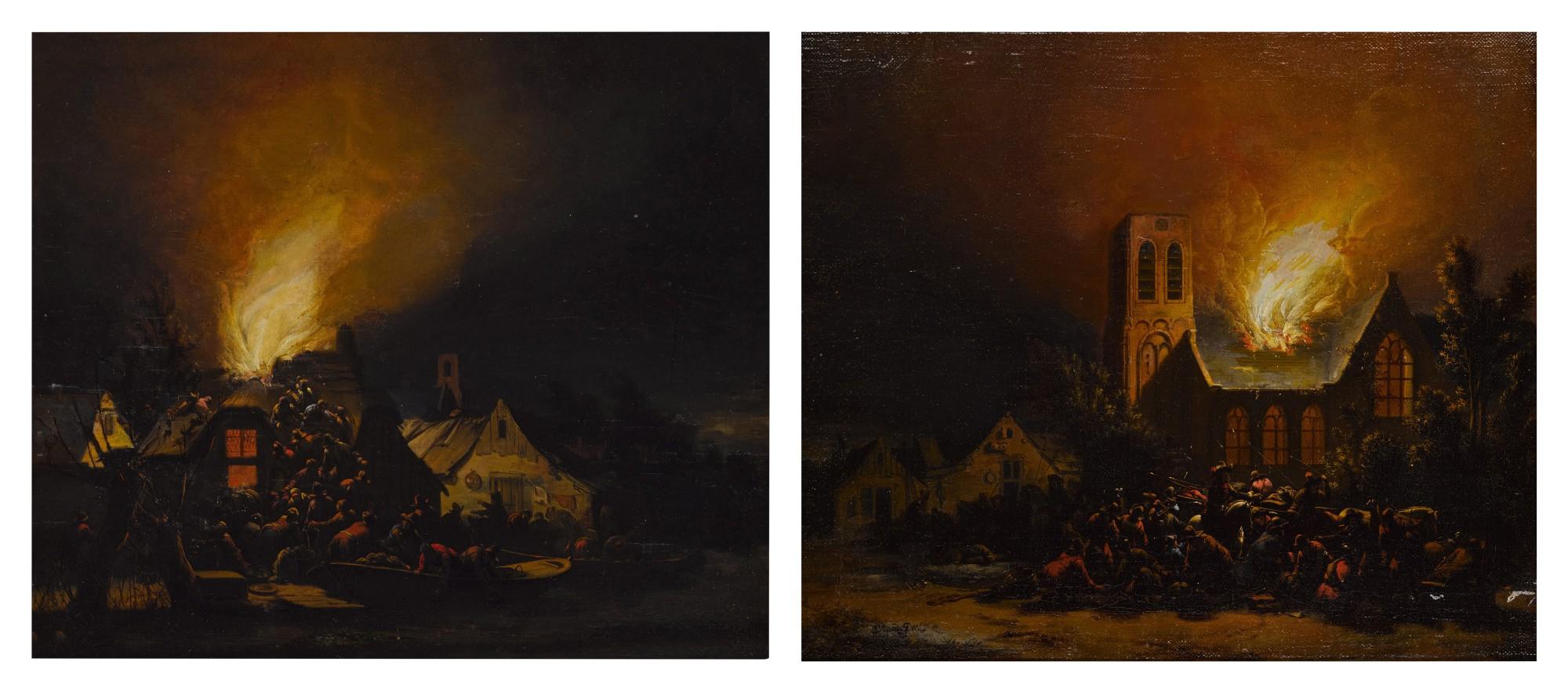 Egbert Lievensz. van der Poel - Nocturnal village fire scenes, a pair