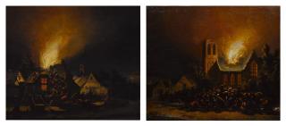 Egbert Lievensz. van der Poel - Nocturnal village fire scenes, a pair