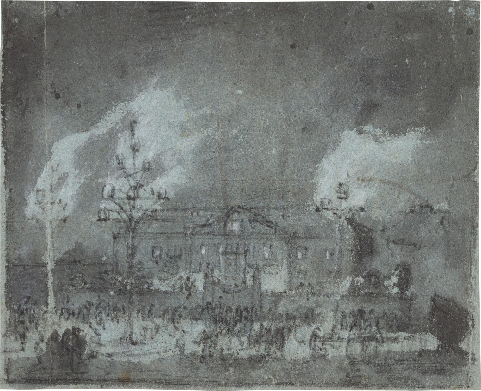 Egbert Lievensz. van der Poel - Recto: fireworks before a grand house; Verso: View of Greenwich