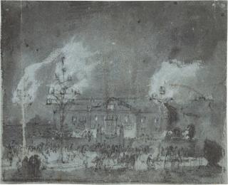 Egbert Lievensz. van der Poel - Recto: fireworks before a grand house; Verso: View of Greenwich