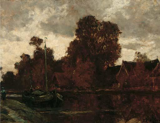 Egbert Rubertus Deck Schaap - A sailing barge moored on a bend in a river
