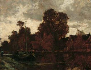 Egbert Rubertus Deck Schaap - A sailing barge moored on a bend in a river