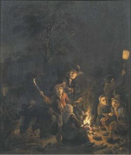 Egbert Van Der Poel - Boors gathered around a bonfire at night
