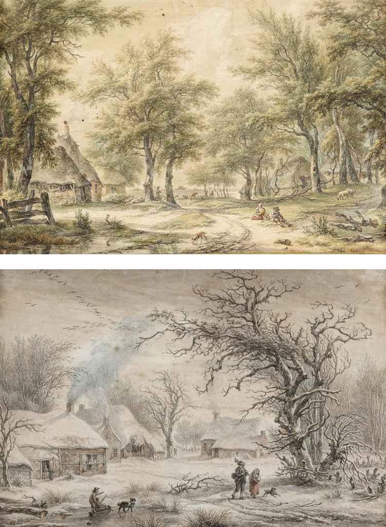 Egbert van Drielst - Figures resting on a path near a farm; and Country activities in winter