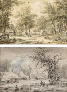 Egbert van Drielst - Figures resting on a path near a farm; and Country activities in winter