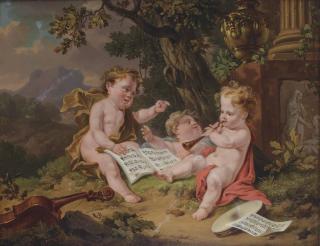 Egbert Van Drielst - Three Putti Making Music Before A Classical Column With An Urn And Relief Sculpture, A Mountainous Landscape Beyond
