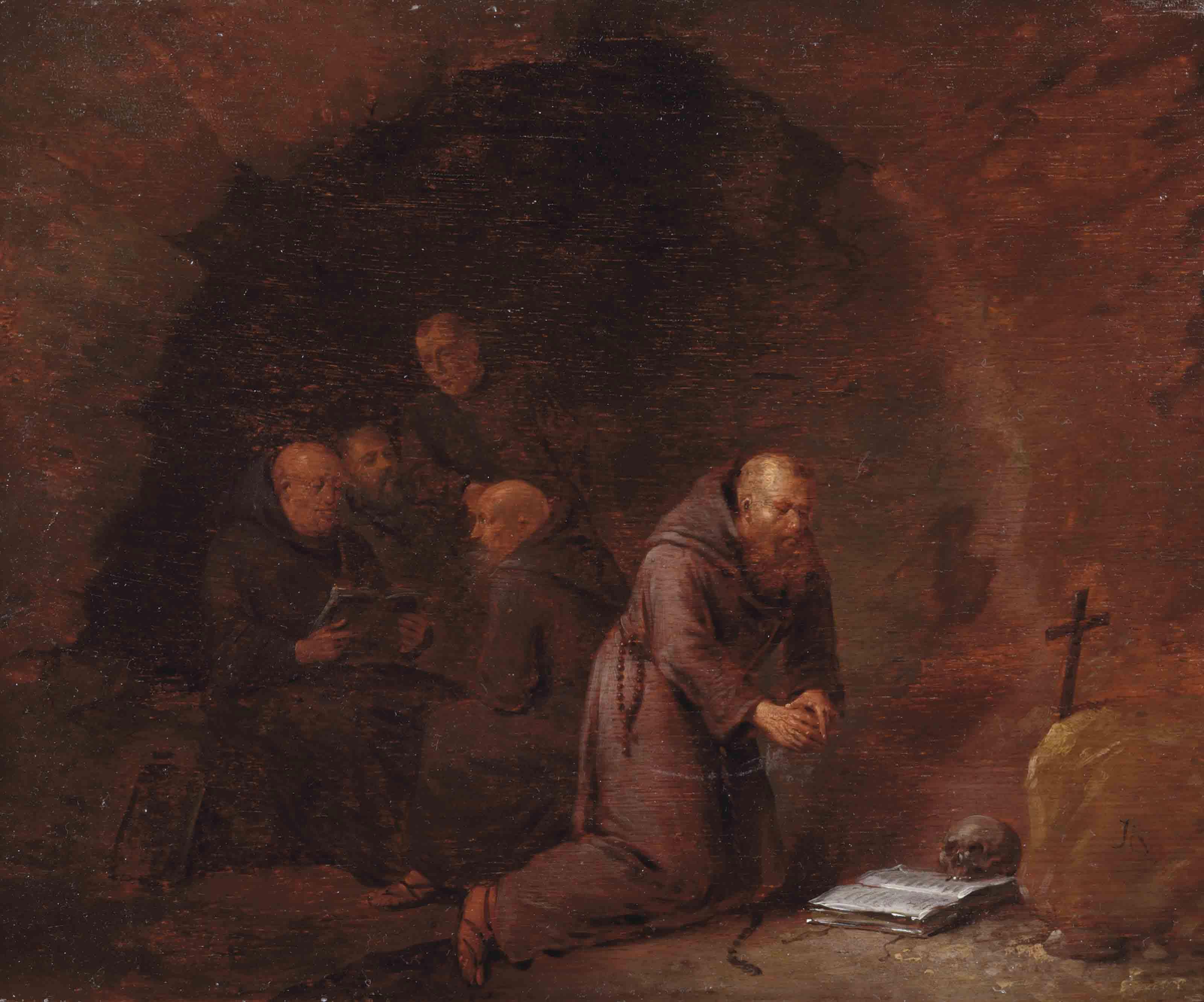 Egbert van Heemskerck I - A Group Of Hermit Monks In A Grotto