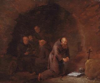 Egbert van Heemskerck I - A Group Of Hermit Monks In A Grotto