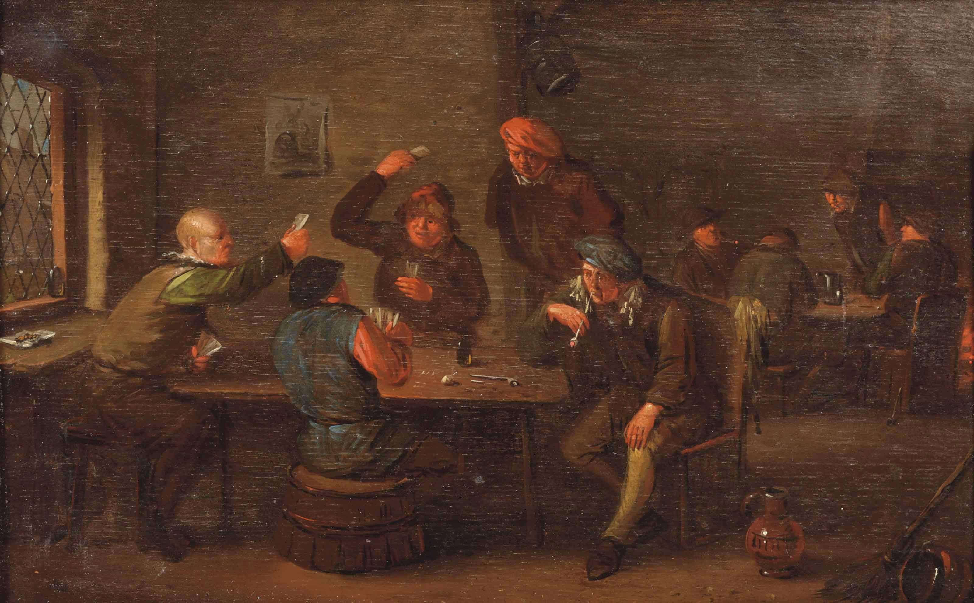 Egbert van Heemskerck II - A tavern interior with peasants playing cards