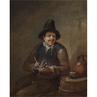 Egbert van Heemskerck the Elder - A Peasant Filling His Pipe, Sitting Next To A Barrel