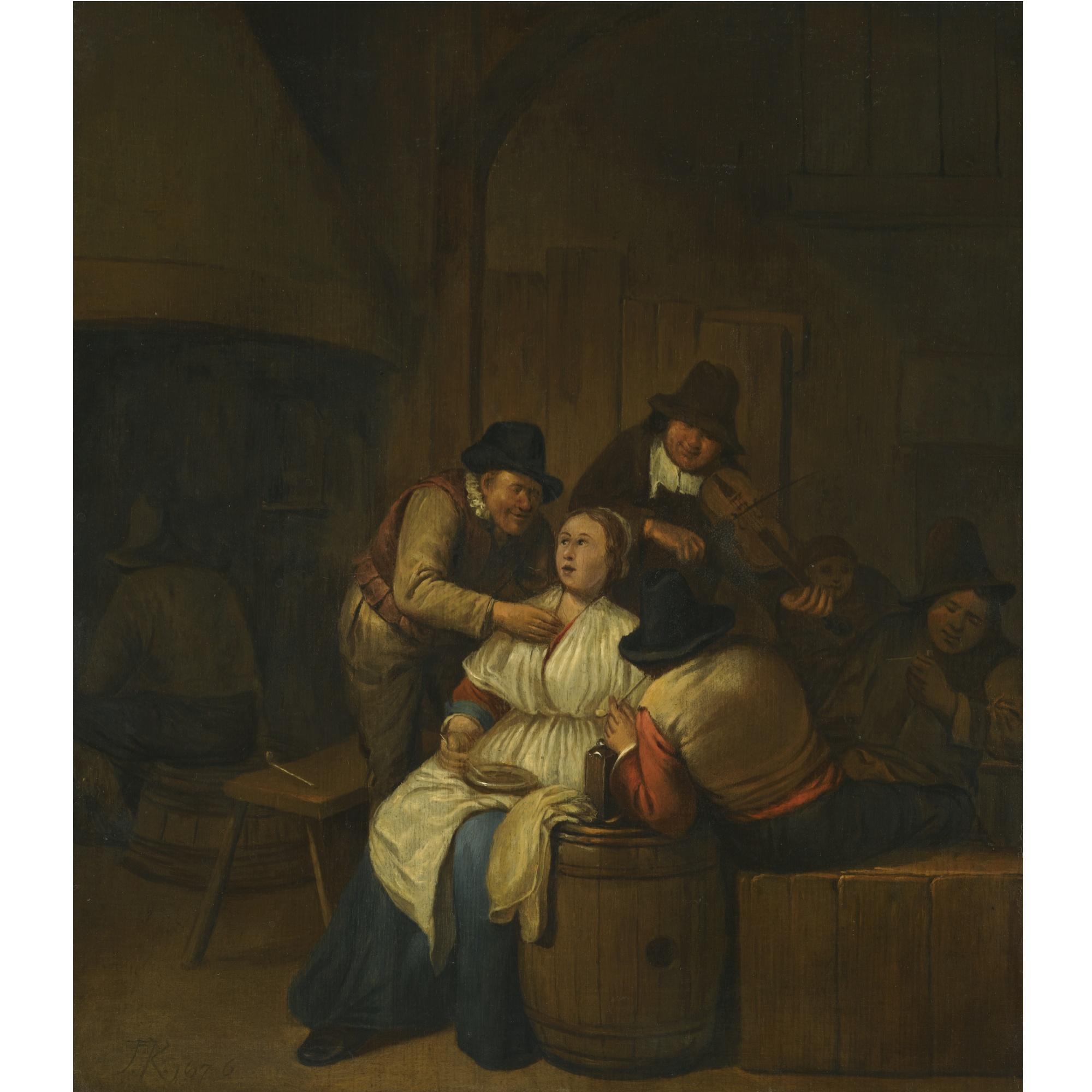 Egbert Van Heemskerck The Elder - A Tavern Interior With Two Peasants Making Advances On A Maid, With Figures Making Music Beyond