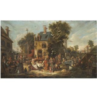 Egbert van Heemskerck the Elder - An Outdoor Scene With Villagers Joyously Revelling Outside The Wild Swan Tavern